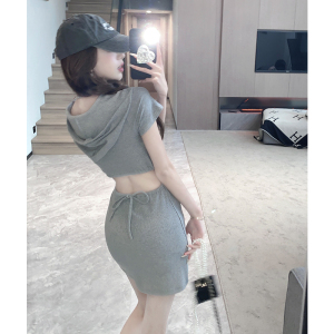Hooded Short Sleeve Dress Women's Summer Sexy Back Strap Hollow Drawstring Open Waist American Spicy Girl Slim Fit Wrap 
