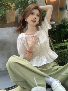 RM20657#夏季新款褶皱收腰短款衬衫女纯色短款小衫上衣