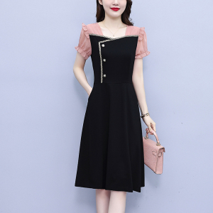 RM13026#大码女装2023年夏季新款时尚气质小香风雪纺拼接假两件连衣裙