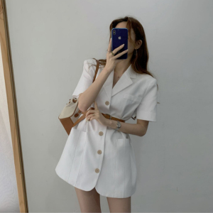 TR30410# 法式复古韩国chic小众洋气单排扣显瘦气质优雅御姐西装领裙