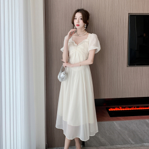 TR45354# 年网红杏色钉珠轻盈感仙女裙夏中长款雪纺a字连衣裙 服装批发女装批发服饰货源