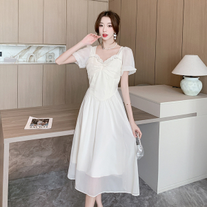 TR45354# 年网红杏色钉珠轻盈感仙女裙夏中长款雪纺a字连衣裙 服装批发女装批发服饰货源