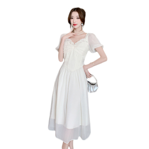 TR45354# 年网红杏色钉珠轻盈感仙女裙夏中长款雪纺a字连衣裙 服装批发女装批发服饰货源