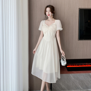 TR45354# 年网红杏色钉珠轻盈感仙女裙夏中长款雪纺a字连衣裙 服装批发女装批发服饰货源