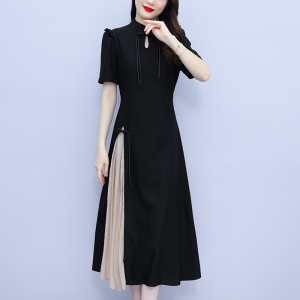 TR30458# 大码女装夏新款时尚复古立领气质短袖修身拼接长款连衣裙
