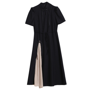 TR30458# 大码女装夏新款时尚复古立领气质短袖修身拼接长款连衣裙