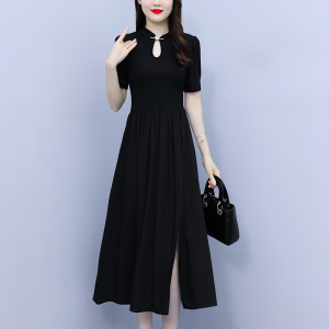 TR30460# 复古大码女装新中式改良旗袍连衣裙黑色大摆侧面开衩短袖小黑裙