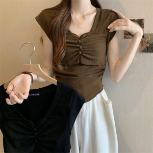 TR34938# 大码韩系夏季新款无袖纯色简约背心褶皱设计感百搭T恤上衣女