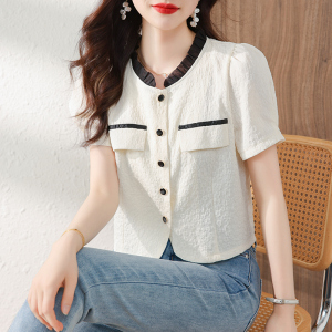 RM13576#夏季新款设计感小众衬衣时尚单排扣木耳边撞色上衣百搭衬衫