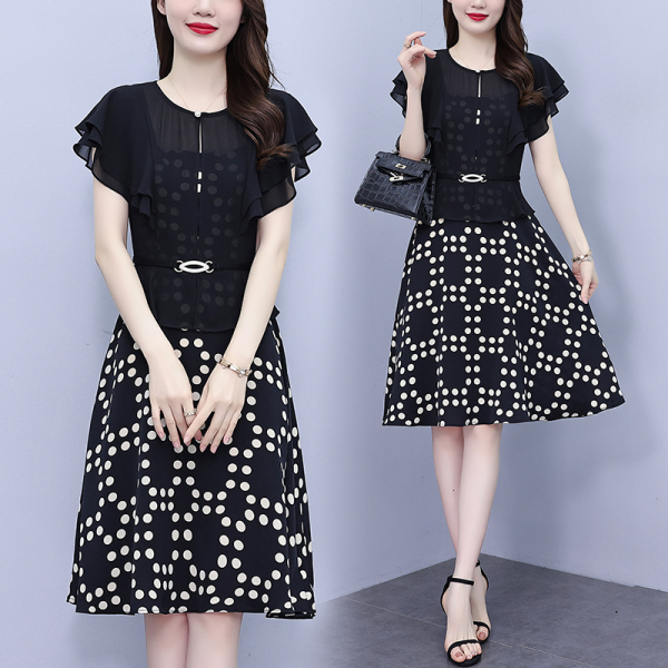 RM15319#大码女装2023夏季新款短袖雪纺拼接气质假两件中长款连衣裙