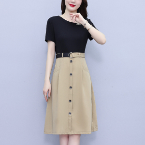 RM15322#夏季新款时尚气质撞色收腰显瘦肩部网纱假两件连衣裙