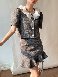 TR29459# 夏季新款设计感娃娃领小上衣+显瘦鱼尾短裙两件套女 服装批发女装批发服饰货源