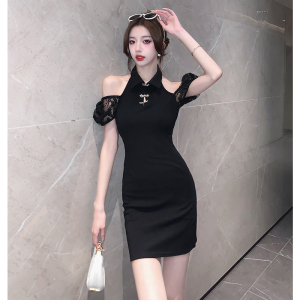 New Chinese Style Chinese Style Qipao Dress Summer New Slim Fit Slim Bubble Sleeve Dress Pure Spicy Girl Little Black Dr