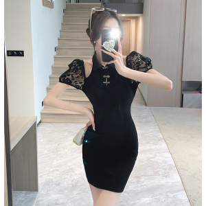 New Chinese Style Chinese Style Qipao Dress Summer New Slim Fit Slim Bubble Sleeve Dress Pure Spicy Girl Little Black Dr
