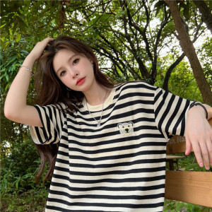 TR30517# 色织格设计感夏季新款条纹宽松短袖T恤女打底衫