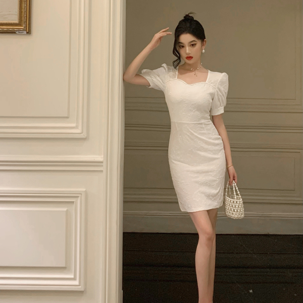 RM11061#女装新款法式修身包臀压花时尚显瘦连衣裙