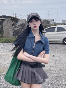 TR30515# 韩版小众设计感双头拉链牛仔衬衫女夏季新款别致辣妹短款