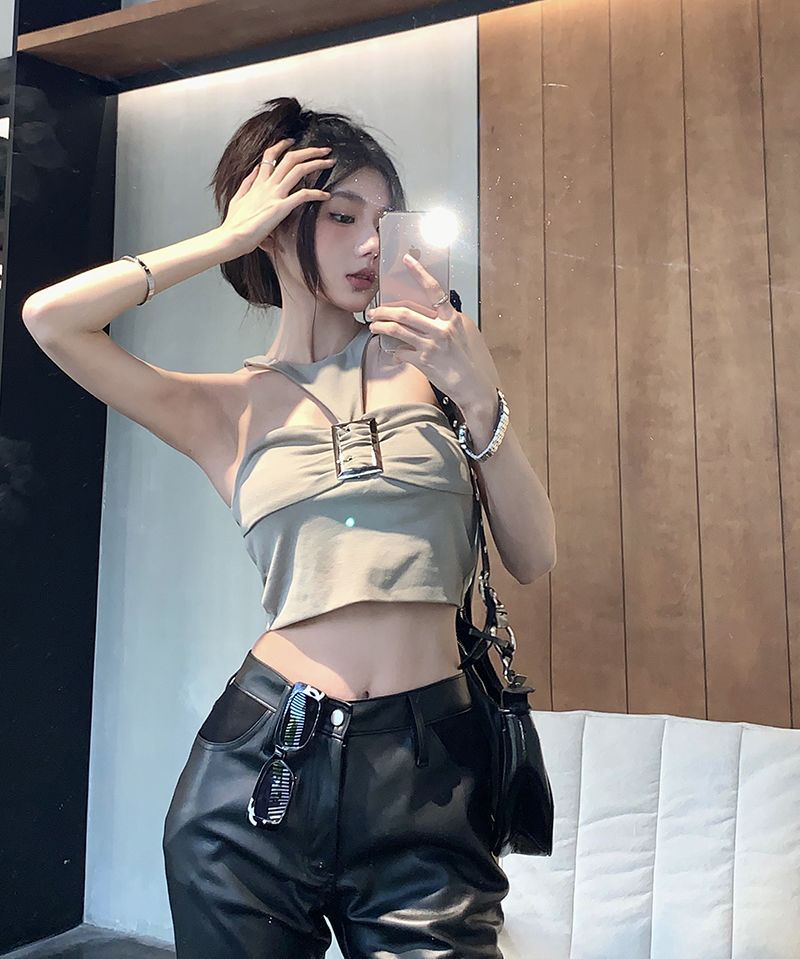 Real shot of sexy hot girl with pure lust style, niche temperament, slim metal buckle halter top for women