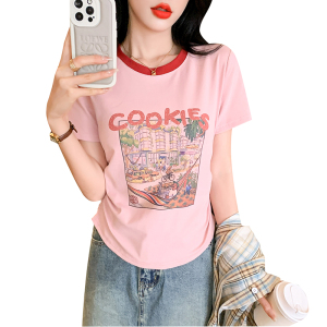 RM21172#短袖T恤女夏装新款网红t恤粉色减龄洋气涂鸦收腰上衣女装