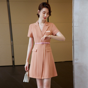 RM11296#粉色短袖连衣裙女夏季爆款2023新款气质OL主持人正装职业西装裙子