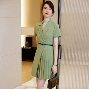 RM11299#绿色西装连衣裙女夏季2023新款气质女神范短袖西装百褶裙工装裙子