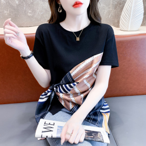 RM19225#夏季新款韩版时尚圆领套头短袖拼接T恤显瘦百搭个性上衣