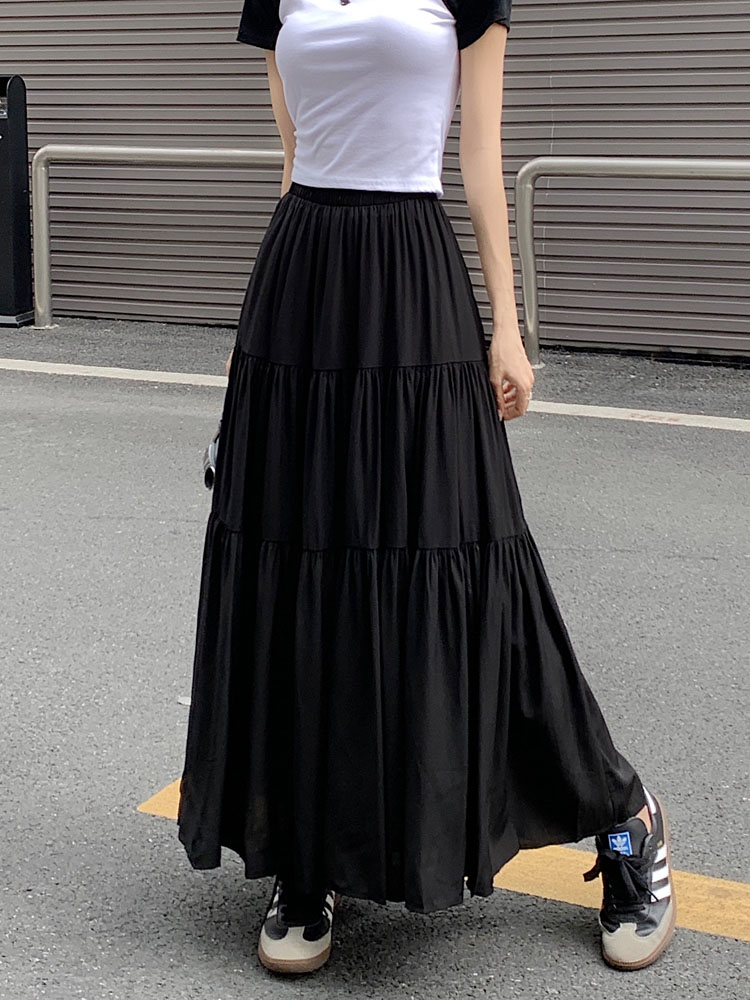 实拍~2023秋季新款韩版设计感褶皱半身裙拼接长款大摆裙女