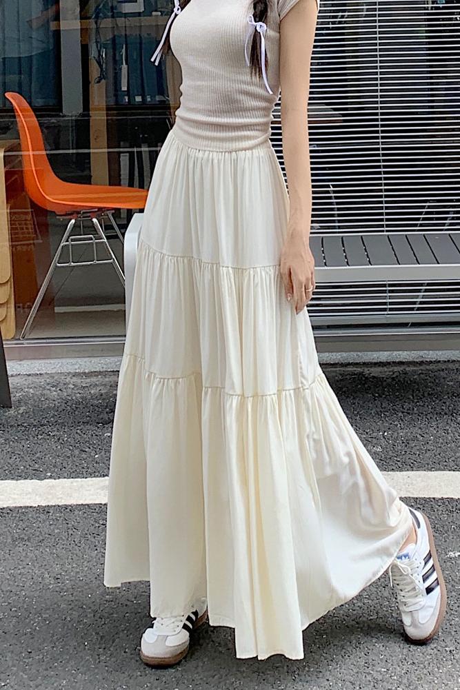 实拍~2023秋季新款韩版设计感褶皱半身裙拼接长款大摆裙女
