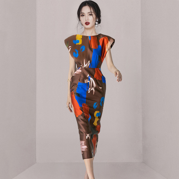 RM19832#夏季新款韩版时尚气质优雅显瘦高端大气优雅印花长裙连衣裙