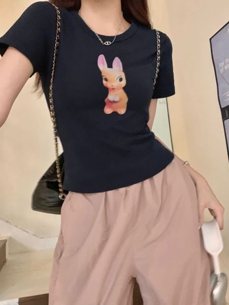RM10710#可爱小动物印花纯色T恤上衣
