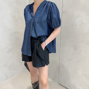 TR28594# 韩国chic夏季小众V领牛仔衬衣上衣 服装批发女装批发服饰货源