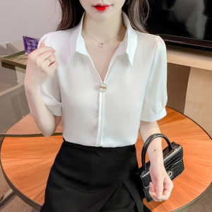 RM12863#夏季新款韩版V领短袖纯色雪纺衬衫女时尚减龄小衫洋气上衣潮