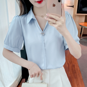 RM12863#夏季新款韩版V领短袖纯色雪纺衬衫女时尚减龄小衫洋气上衣潮