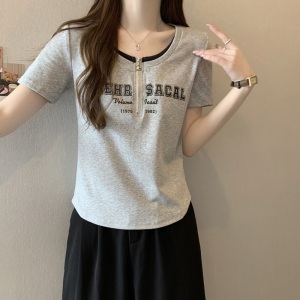RM11142#大码夏季韩版百搭圆领短袖T恤女拼接拉链印花修身显瘦 