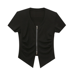 RM13623#欧货时尚新款设计感修身显瘦洋气双头拉链T恤短袖气质上衣女