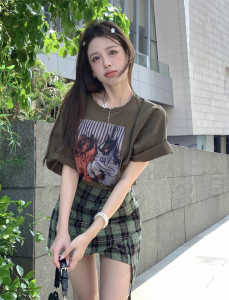 TR34832# ~韩版卡通字母印花短袖T恤+高腰不规则格子短款半身裙