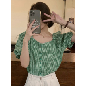 TR29230# 法式甜美宽松泡泡袖上衣女韩版复古方领格子百搭衬衫 服装批发女装批发服饰货源