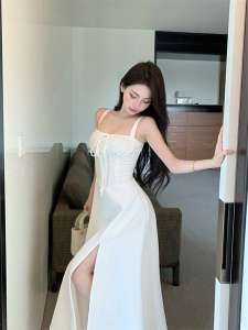 TR34294# 白色吊带连衣裙夏季女装新款设计感绑带开叉裙子 服装批发女装批发服饰货源