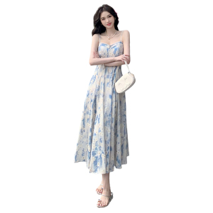 RM21331#邓六六法式蓝色油画长裙沙滩裙碎花吊带连衣裙女夏仙气质感高级感