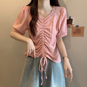 RM18470#夏装新款胖mm时尚百搭显瘦抽绳大码女装T恤上衣纯色短袖