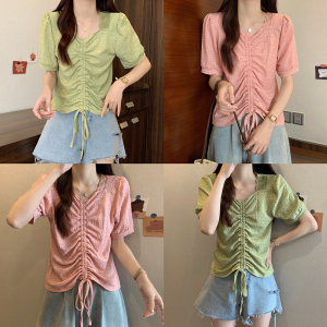 RM18470#夏装新款胖mm时尚百搭显瘦抽绳大码女装T恤上衣纯色短袖
