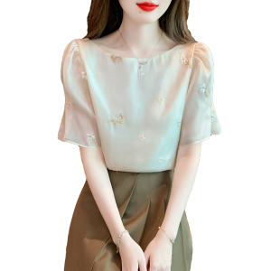 RM19337#夏季新品正反两穿设计感绣花雪纺衫优雅显瘦甜美小衫