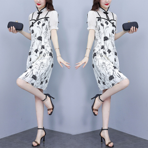 RM11191#大码女装2023夏新款胖妹妹旗袍改良显瘦时尚印花假两件连衣裙