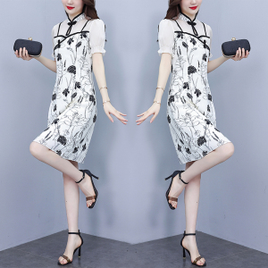 RM11191#大码女装2023夏新款胖妹妹旗袍改良显瘦时尚印花假两件连衣裙