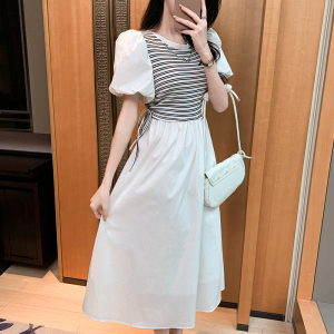 RM11757#法式温柔气质设计感泡泡袖条纹拼接连衣裙抽绳收腰显瘦长裙女夏季