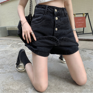 RM10997#潮流高腰排扣牛仔短裤女夏季新款设计感小众显瘦直筒阔腿a字裙裤