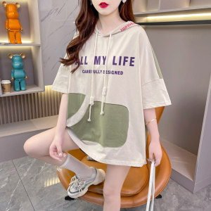 RY1585#夏季韩版宽松后包领特大码300斤中长款连帽拼色短T恤