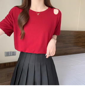 RM13019#大码薄款夏季设计感镂空露肩中袖T恤女针织衫上衣