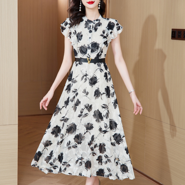 RM14069#夏季新款气质轻奢显瘦a字时尚修身连衣裙复古褶皱短袖裙子
