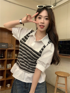 RM13757#夏季衬衫女设计感格拼接假两件短款气质法式短袖上衣